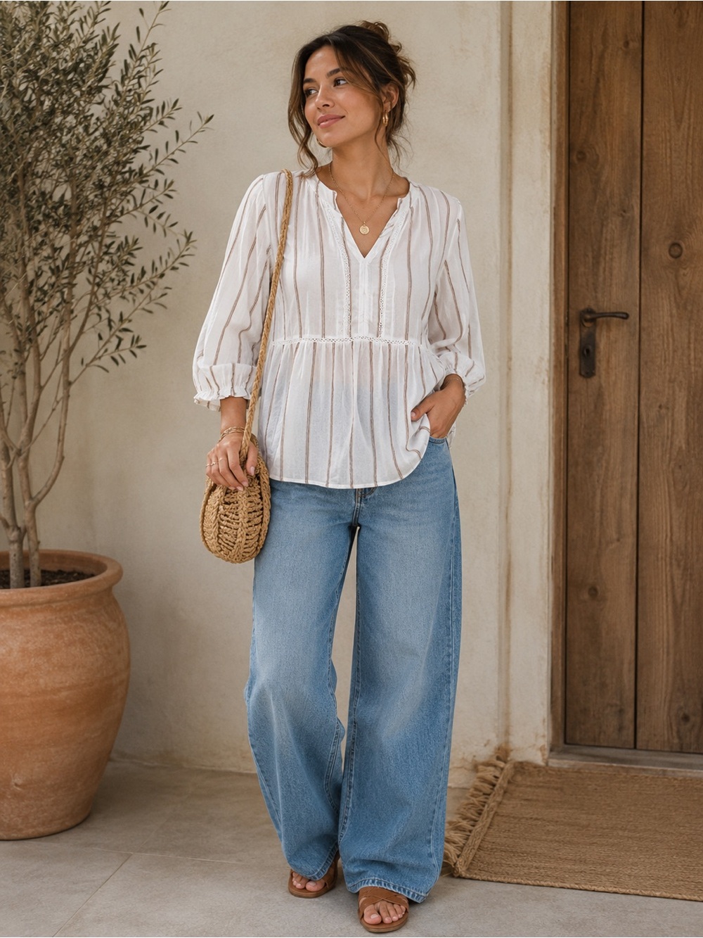 Fever White and Tan Striped V-Neck Peasant Blouse